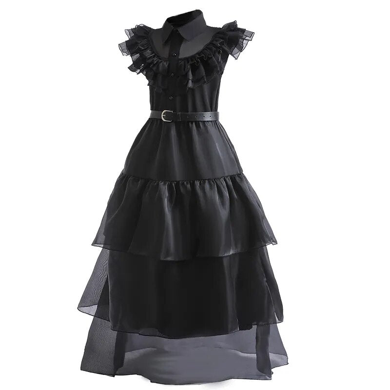 Baby Dress For Girls Balck Wednesday Costume Teenage Girl Birthday Cosplay Carnival Kids Princess Dresses+Belt Sets 5 7 12 14Yrs