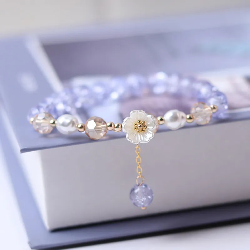 Fashion Flower Imitation Pearl Crystal Beads Bracelet For Women Elastic Adjustable Charm Bracelet Friendship Jewelry Accessories