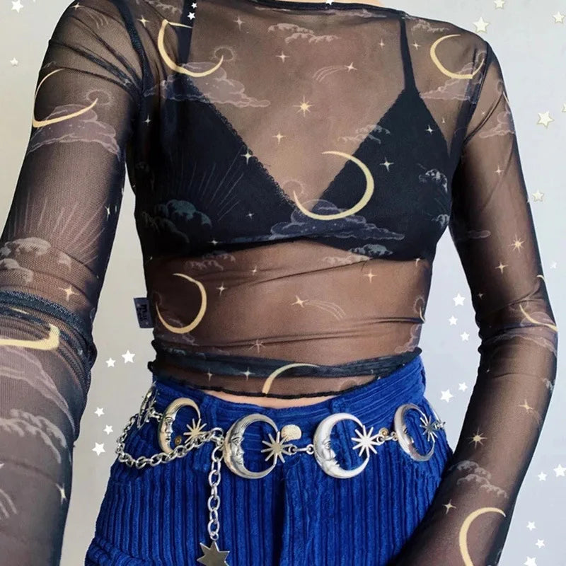 Punk Moon Metal Belts Women Vintage High Waist Chain Waist Belts Gothic Moon Sun Sliver Pendant Belts Female