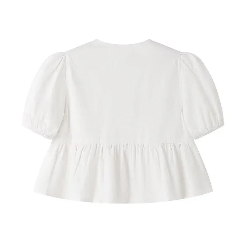 TRAF White Crop Top Women Black Ruffle Short Puff Sleeve Blouse Female Bow Tied Summer Blouses Woman Ruched Cute Tops