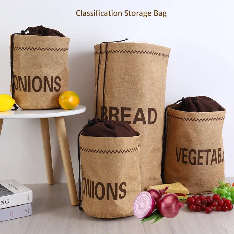 Kitchen Hessian Storage Bag for Garlic,Onions,Potato,Vegetable,Bread,Drawstring Sack,Fabric Burlap Bags Jute Potatoes Organizer