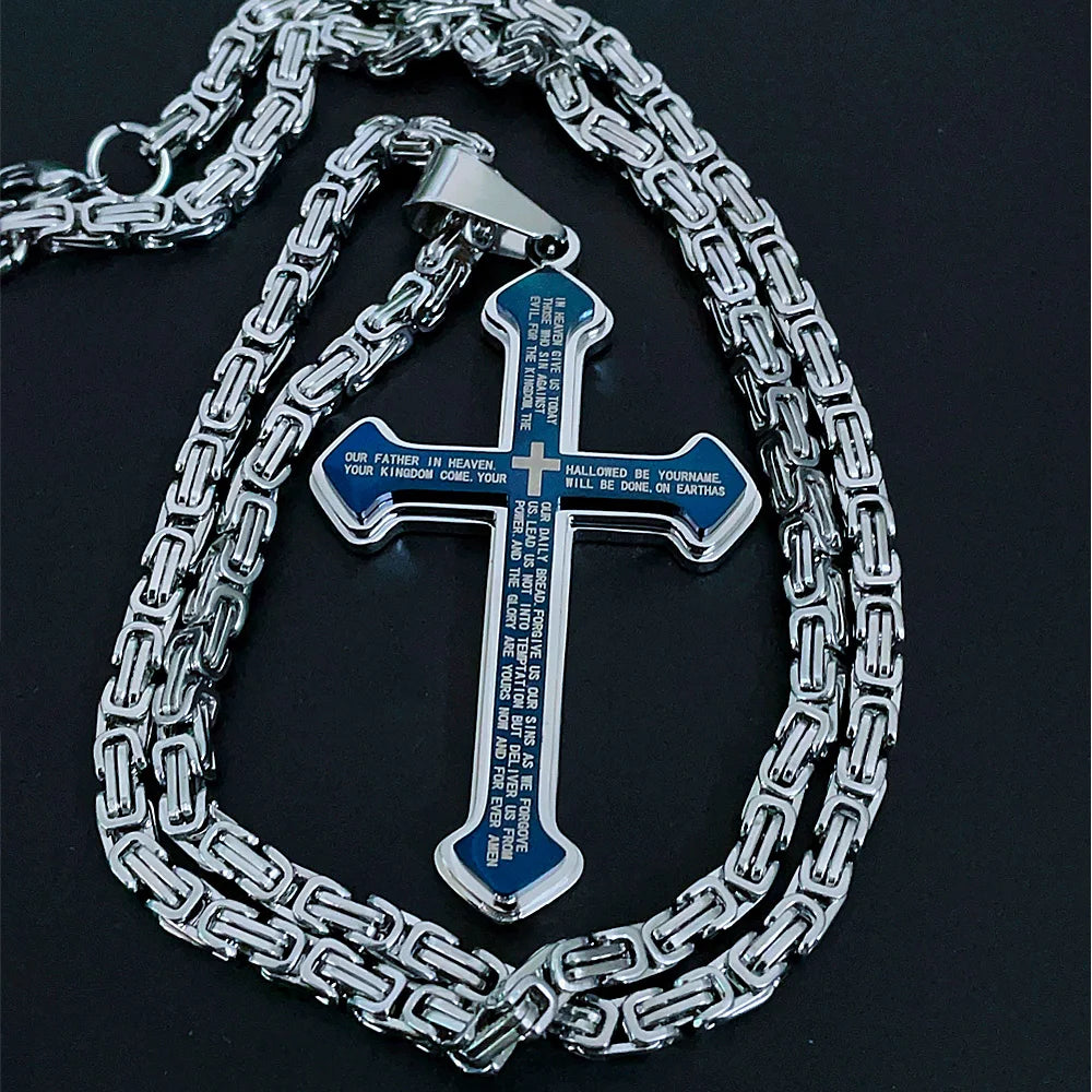 Vintage Christian Bible Text Stainless Steel Cross Pendant Necklace Punk Fashion Biker Amulet Men's Chain Necklace Jewelry Gift