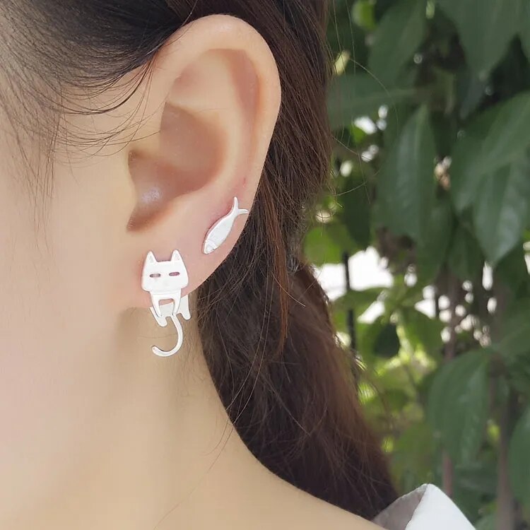 Boucles d'oreilles chat poisson en argent Sterling 925 pour femmes, cadeau hypoallergénique, bijoux en argent Sterling, prévention des allergies