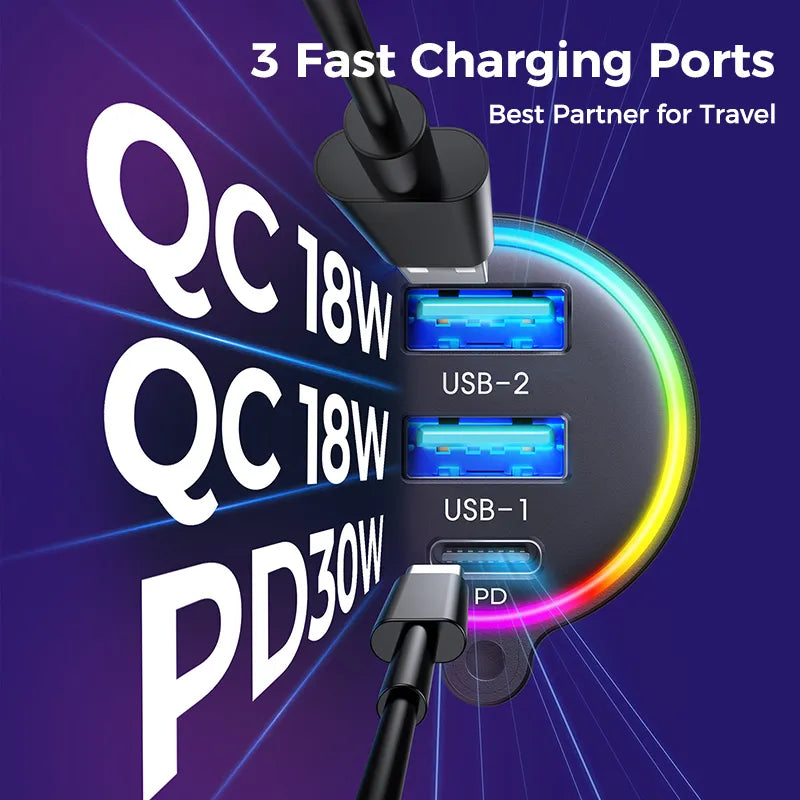 Bluetooth 5.3 FM/AUX Bluetooth biladapter, 【Installation av luftventiler och basförstärkning】 3 portar PD&amp;QC 3.0 FM Bluetooth bilsändare