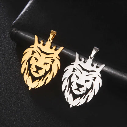 My Shape Lion with King Crown Necklaces for Men Boys Stainless Steel Punk Animal Necklaces Lion Men's Box Chain Choker Jewelry