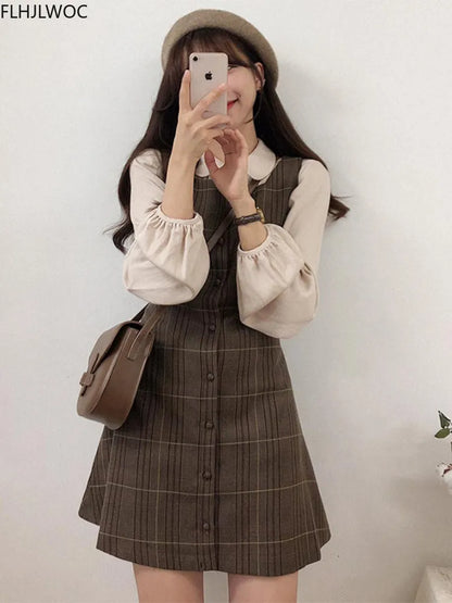 Cute Mini New Year Date Dresses Sleeveless Vest Women Korea Japanese Style Design Retro Vintage Plaid Button Shirt Dress