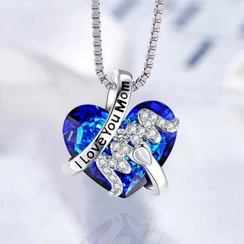 Luxury Fashion "Mom" Pendant Necklace Red Blue Heart Crystal Jewelry Ladies Anniversary Birthday Christmas Mother's Day Gift