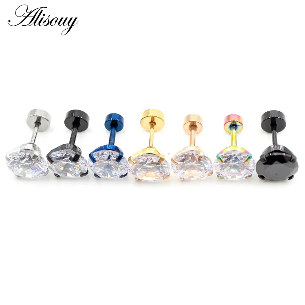 Alisouy 2pcs Stainless steel Unisex Women Men Round Crystal Zircon Ear Studs Earrings  4 Prong Tragus Cartilage Piercing Jewelry