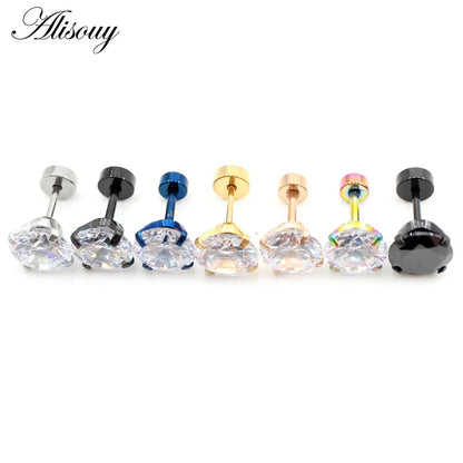 Alisouy 2pcs Stainless steel Unisex Women Men Round Crystal Zircon Ear Studs Earrings  4 Prong Tragus Cartilage Piercing Jewelry