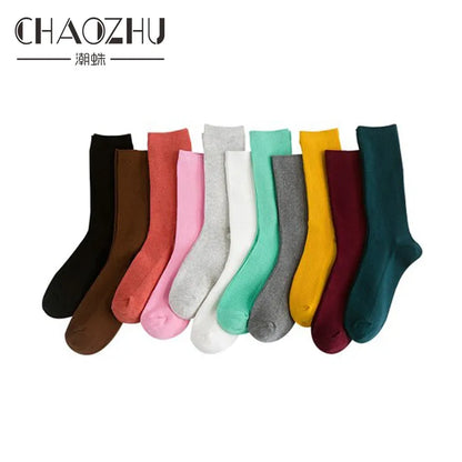 Japanese Korean High School Girls High Socks Loose Solid Colors Double Needles Knitting Cotton Long Socks For Women