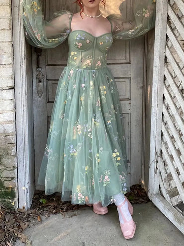 Romantisk vintage grön balklänning Princess Puff Långärmad blommig broderi Kvinnor Aftonklänning Cocktail Flickor Födelsedagsoutfit