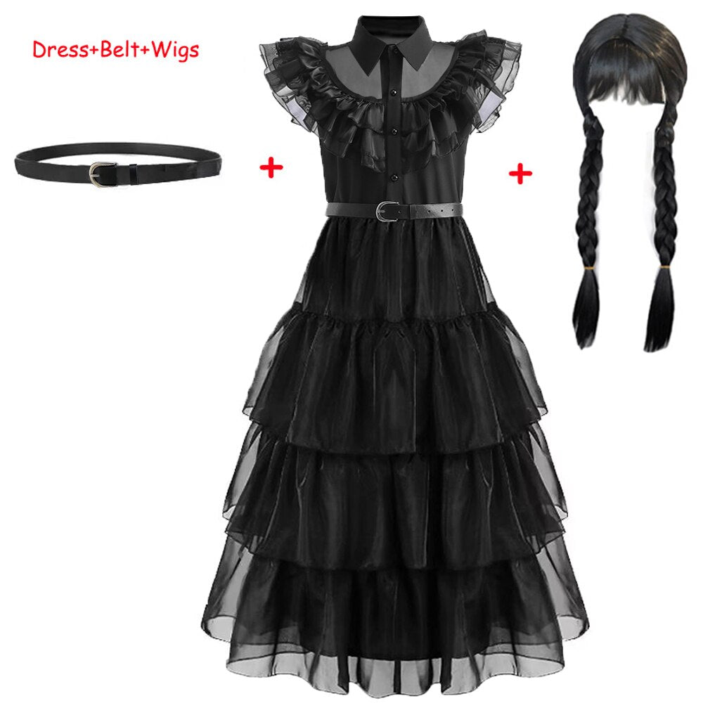 Baby Dress For Girls Balck Wednesday Costume Teenage Girl Birthday Cosplay Carnival Kids Princess Dresses+Belt Sets 5 7 12 14Yrs