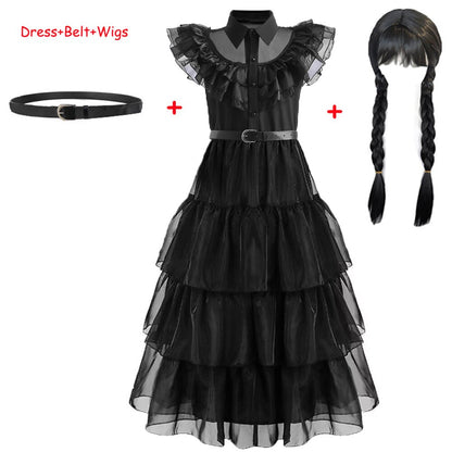 Robe bébé pour filles noir mercredi Costume adolescente anniversaire Cosplay carnaval enfants robes de princesse + ceinture ensembles 5 7 12 14 ans