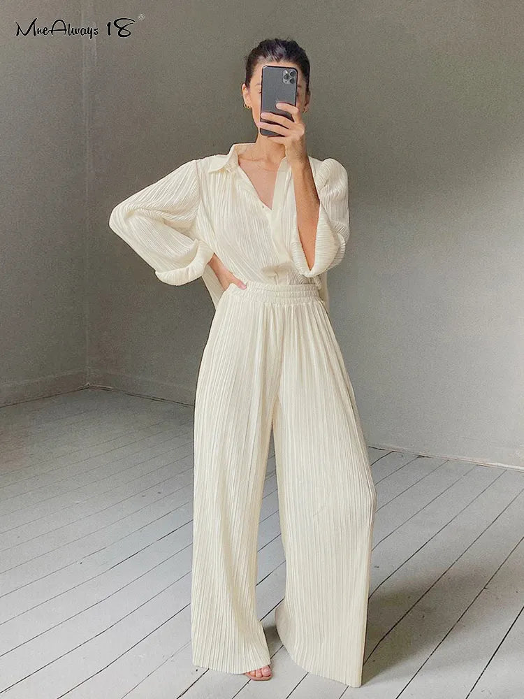 Beige Pleated Wide Leg Pants Womens Pants Fashion Casual Loose Trousers Office Lady Elegant Long Palazzo Pants