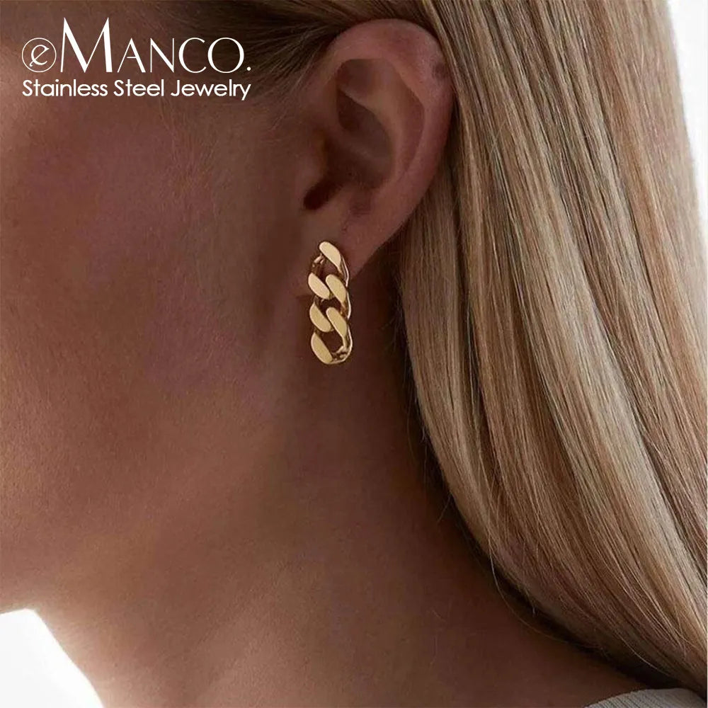 eManco Punk Cuban Link Chain Stud Earrings for Fashion Women Genuine Gold Plated Ring Clasp Dangle Rock Jewelry Gift