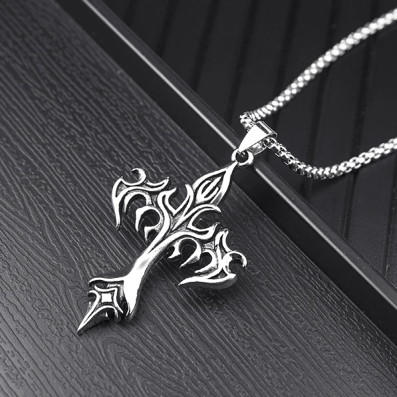 Classic Steel Warrior Men's Cross Amulet Necklace Fashion Flame Christian Simple Trend Men's Women's Pendant Lucky Gift