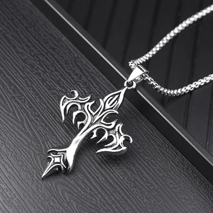 Classic Steel Warrior Men's Cross Amulet Necklace Fashion Flame Christian Simple Trend Men's Women's Pendant Lucky Gift