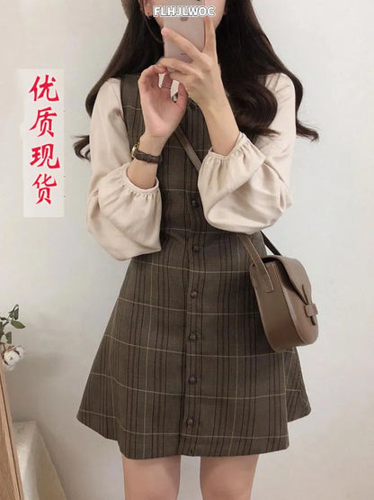 Cute Mini New Year Date Dresses Sleeveless Vest Women Korea Japanese Style Design Retro Vintage Plaid Button Shirt Dress