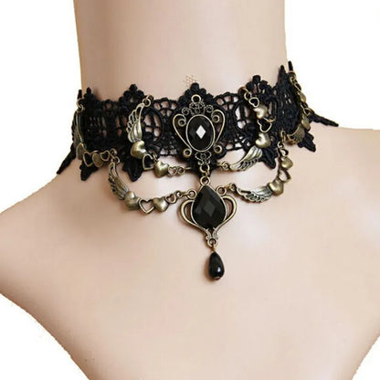 Collier gothique victorien en dentelle noire pour femmes et filles, style Boho, pompon en cristal, ras du cou en dentelle Sexy, Steampunk, Style Loli foncé, bijoux d'halloween