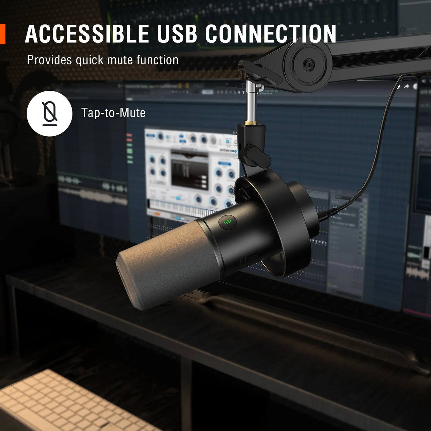 FIFINE USB/XLR dynamisk mikrofon med stötfäste, Touch-mute, hörlursuttag och volymkontroll, för PC eller ljudkortsinspelning -K688