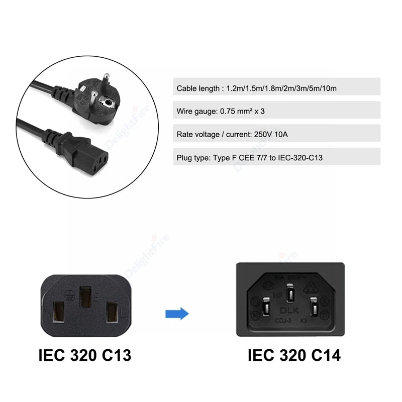 PC Power Extension Cord 2m 5m 10m Schuko EU Plug IEC C13 Power Supply Cable For Projector PC Computer Monitor Printer Sony PS4