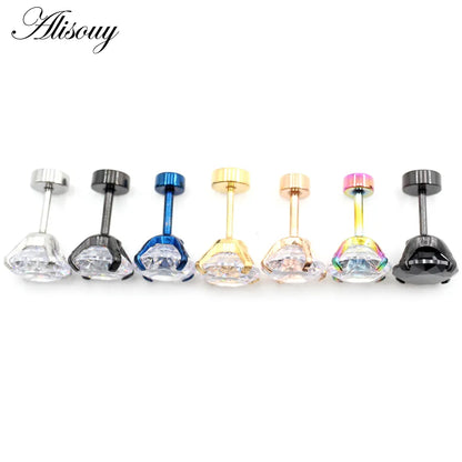 Alisouy 2 pièces en acier inoxydable unisexe femmes hommes rond cristal Zircon boucles d'oreilles 4 broches Tragus Cartilage Piercing bijoux