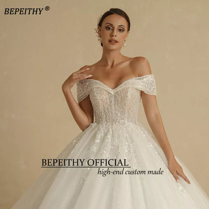 BEPEITHY Ivory Beading Princess Wedding Dresses For Bride Off The Shoulder Sleeveless Women Glitter Ball Bridal Gown Robes