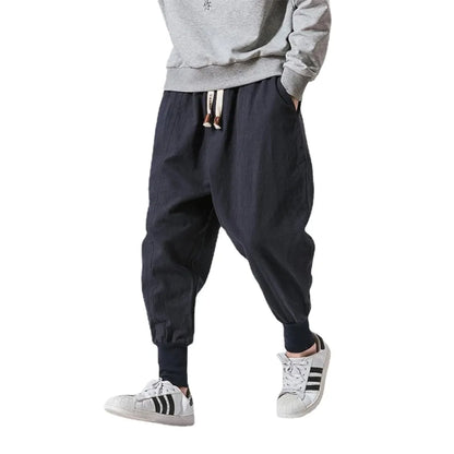 Cotton Linen Harem Pants Men Solid Elastic Waist Streetwear Joggers  New Baggy Drop-crotch Pants Casual Trousers Men