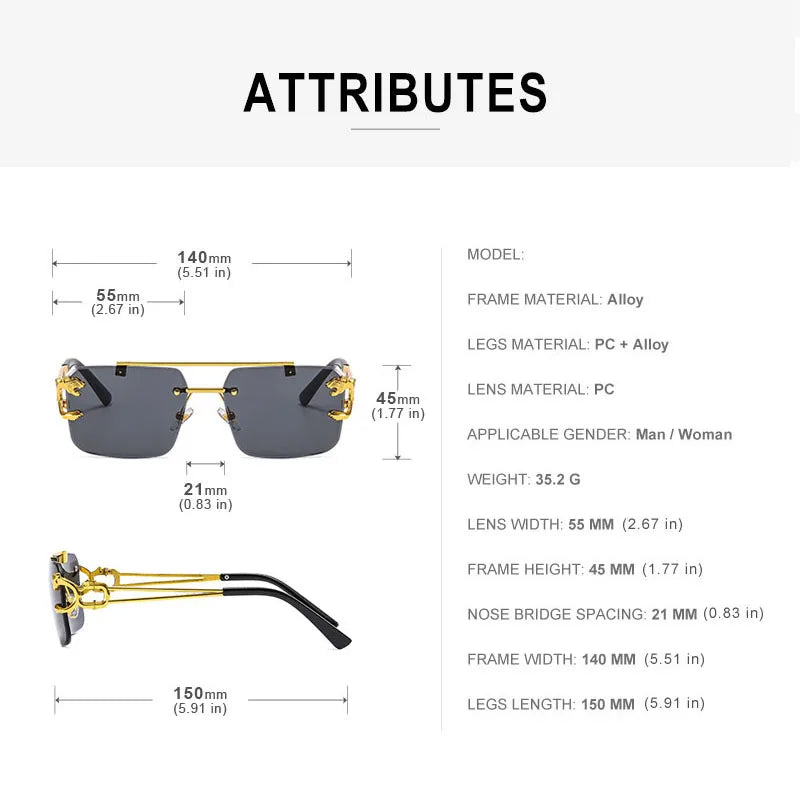 Fashion Metal Leopard Rimless Sunglasses Double Bridges Gradient Ocean Film Shades UV400