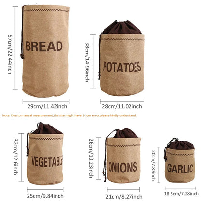 Kitchen Hessian Storage Bag for Garlic,Onions,Potato,Vegetable,Bread,Drawstring Sack,Fabric Burlap Bags Jute Potatoes Organizer