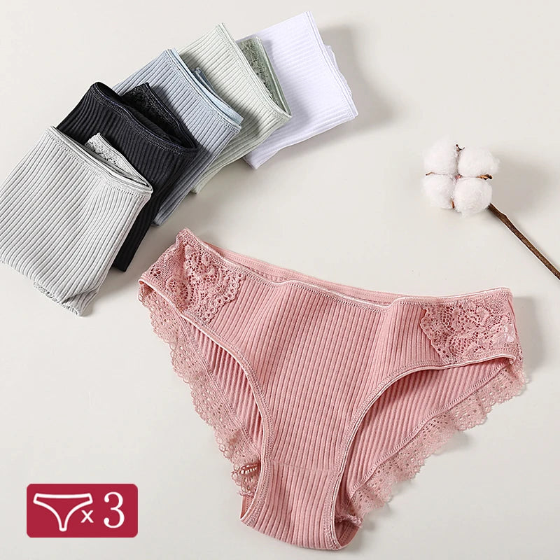 3Pcs/set Women's Cotton Panties M-2XL Women Patchwork Lace Underwear Sexy Low Waist Briefs Ladies Comfortable Underpants