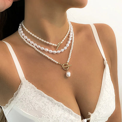 Ingemark Vintage Imitation-Pearl Heart OT Buckle Pendant Necklace Women Wedding Bridal Bead Chain Neck Accessories Jewelry New