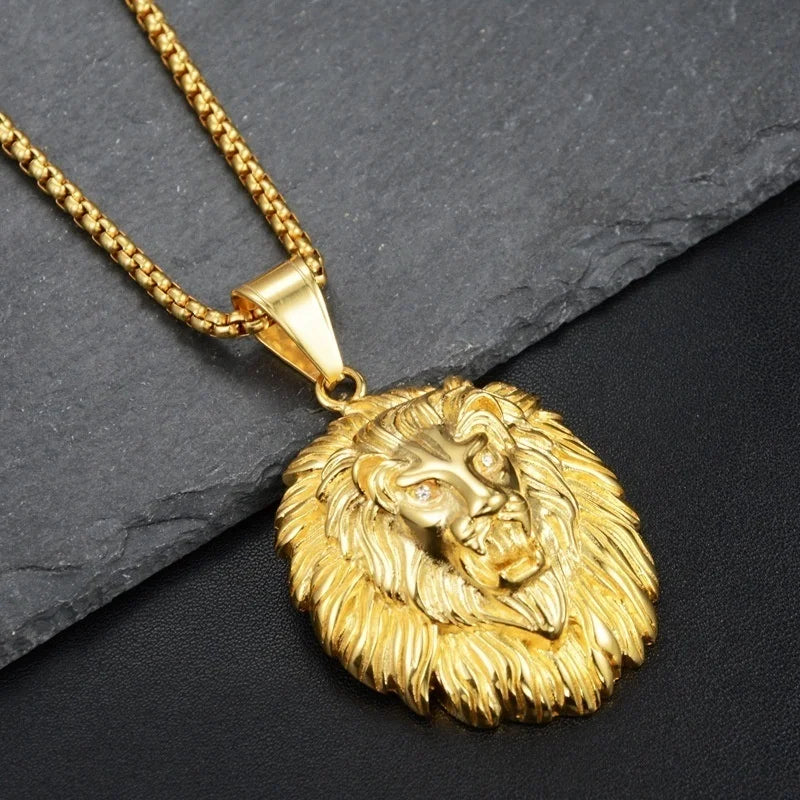 New Trendy Animal Long Hair Lion Head Pendant Necklace Men's Necklace Metal Sliding Inlaid Crystal Necklace Accessories Jewelry