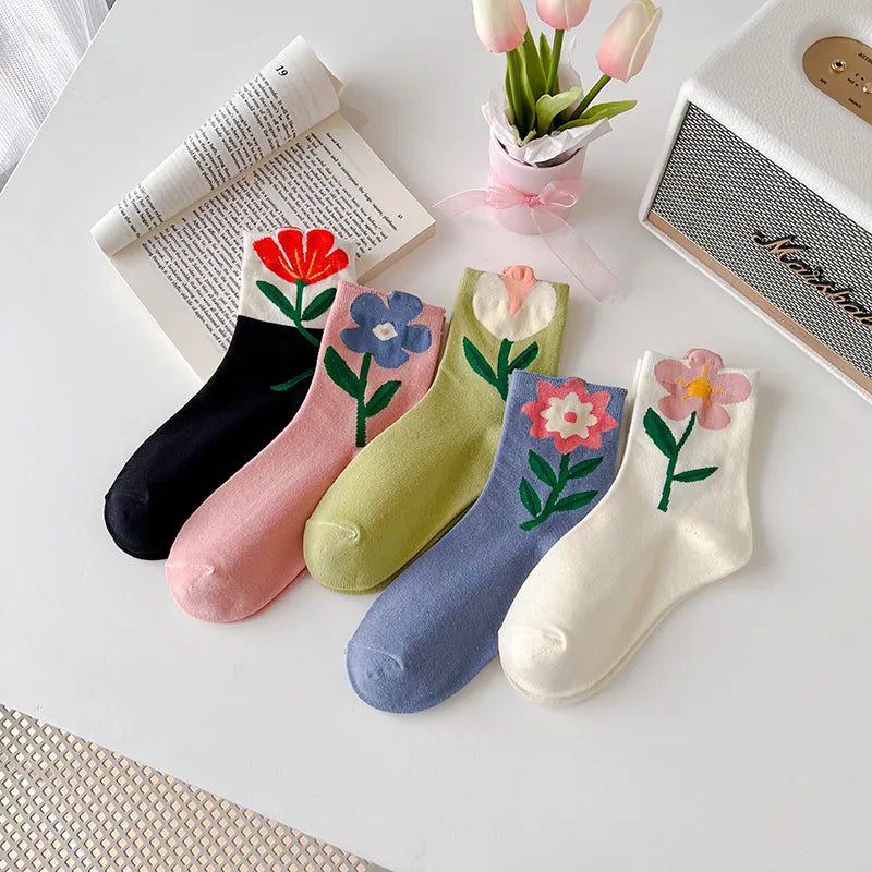 1 Pair Women Socks Japanese Korean Style Cartoon Flower Candy Color Harajuku Kawaii Mid Tube Socks Breathable Casual Short Socks