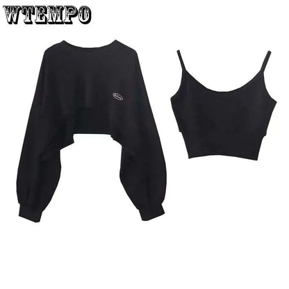 Sweat-shirt court et fin pour femmes, manches longues, col rond, haut décontracté, chemisier quotidien décontracté, deux pièces, Style Simple