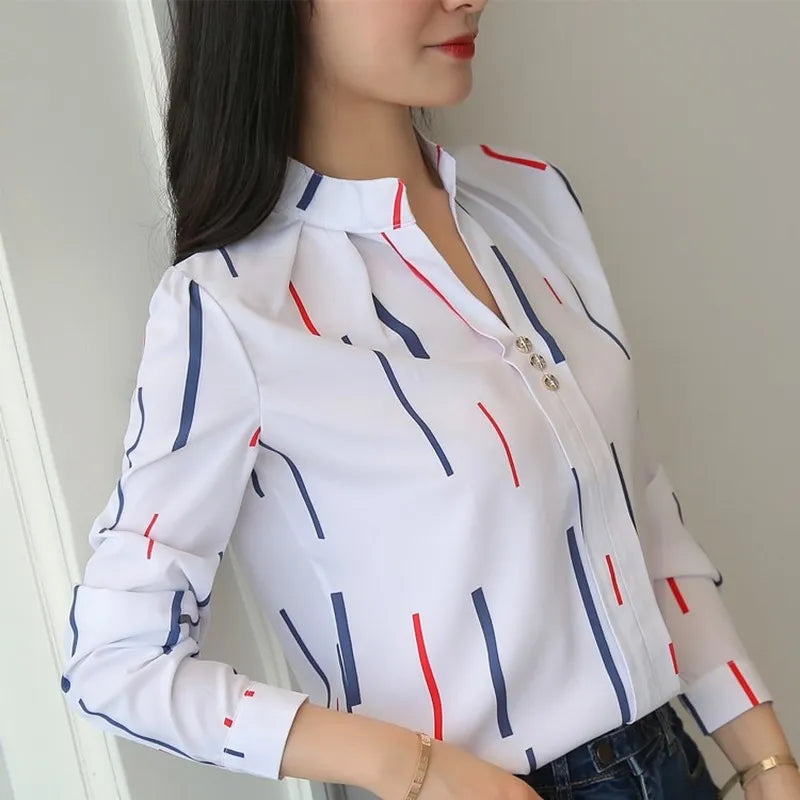 JFUNCY Women White Tops Women's Blouses Fashion Stripe Print Casual Long Sleeve Office Lady Work Shirts Female Slim Blusas