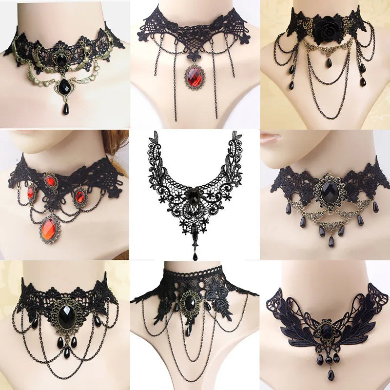 Collier gothique victorien en dentelle noire pour femmes et filles, style Boho, pompon en cristal, ras du cou en dentelle Sexy, Steampunk, Style Loli foncé, bijoux d'halloween