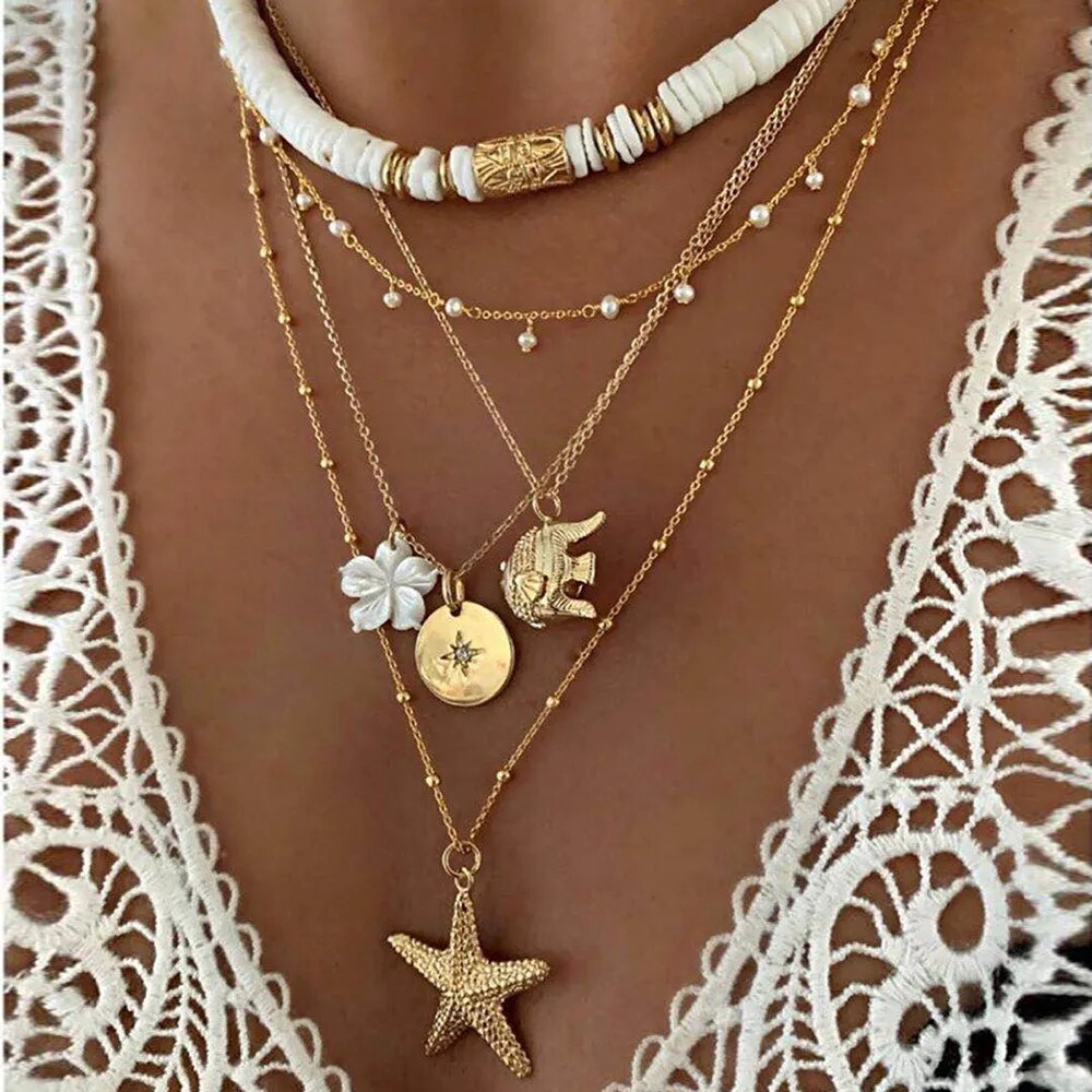 Mode nouvelle bohême argile douce coquille étoile soleil pendentif chaîne collier en couches pour femmes filles été plage Simple collier en couches