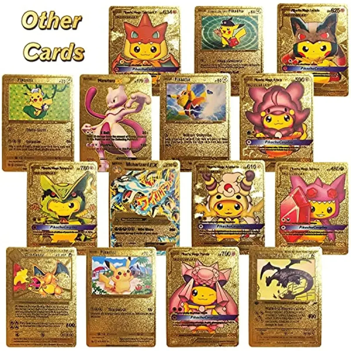 Pokemon 55 PCS Gold Cards Packs Vmax DX GX Rare Golden Cards, TCG Deck Box Gold Foil Card Assorted Cards for Kids Birthday Party