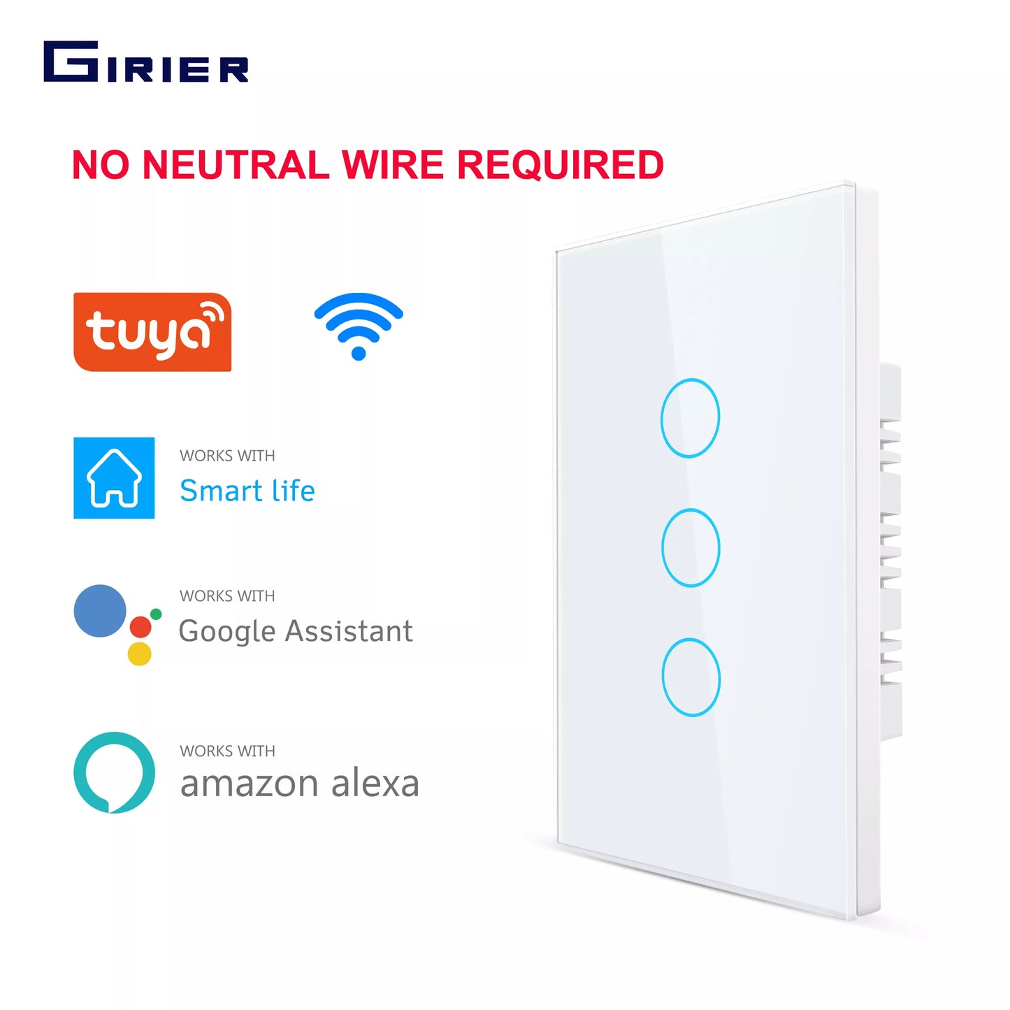 Smart Wifi Touch Switch Ingen neutral kabel krävs Smart Home 1/2/3 Gang Light Switch 220V Support Alexa Tuya App 433RF Remote