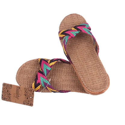 Flax Home Slippers Indoor Floor Shoes Cross Belt Silent Sweat Slippers For Summer Women Sandals