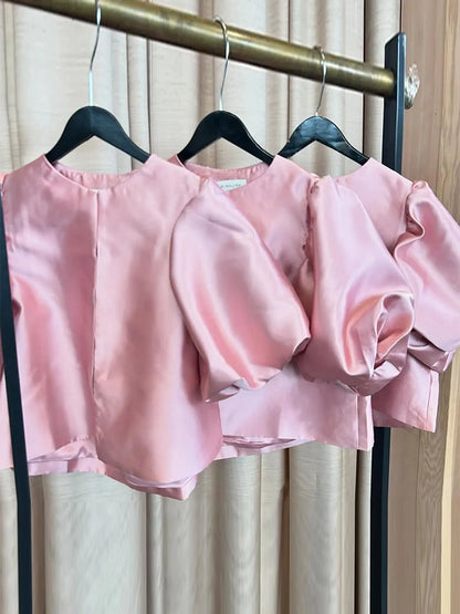 Elegant Satin Shirts Blouses Women Solid Puff Short Sleeve O-neck Loose Female Tshirt Spring Summer Lady Commuting Tops