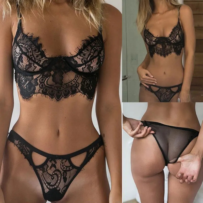 Women's Sexy Lace Underwear Set Erotic Ladies Lingerie See-through Bra Thong Mini Babydoll Briefs Underpants Black Bodysuit