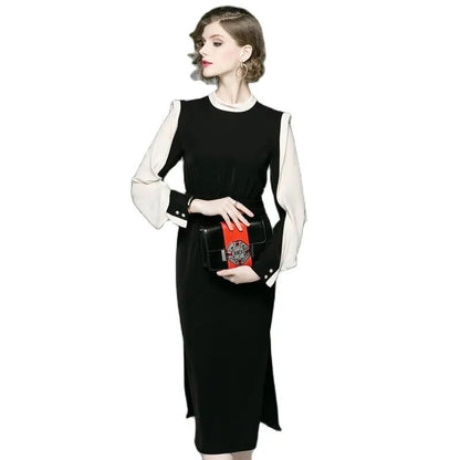 autumn new classic contrast color slim dress round neck long sleeve OL commuter long dresses step female