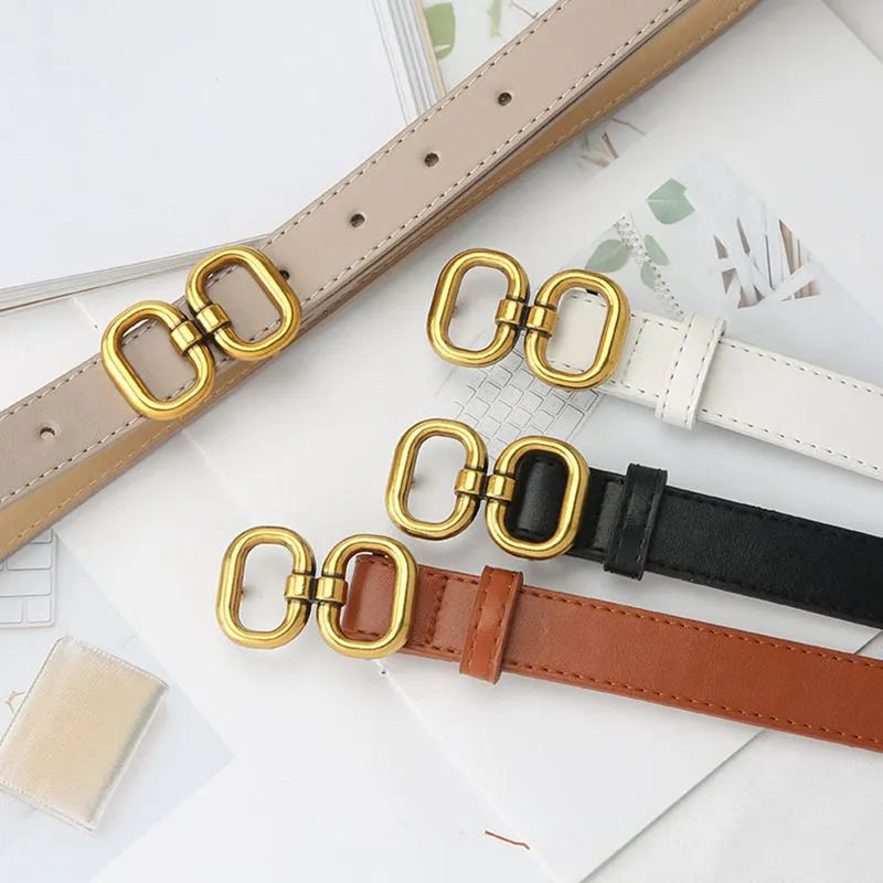 Women PU Leather Belt Solid Color Thin Skinny Waistband Metal Buckle Adjustable Belts For Lady Dress Coat Jeans Strap