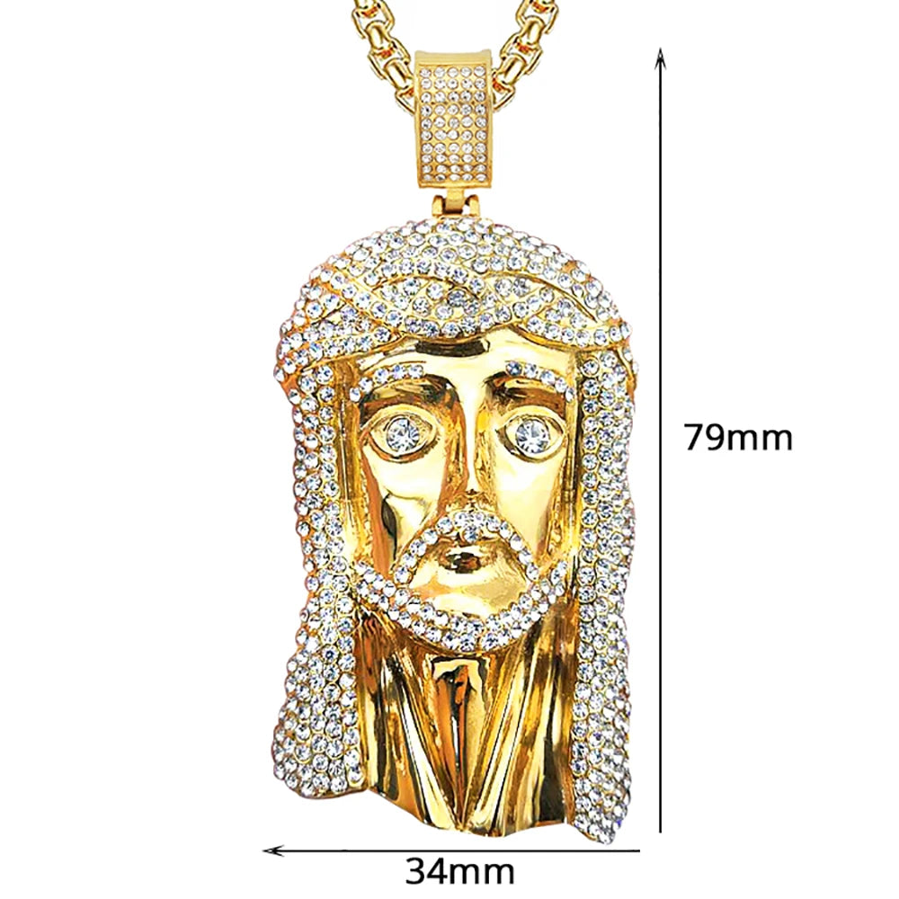 Men's Necklace Jesus Christ Head Pendant With Stainless Steel Chain and Iced Out Bling Rhinestone Necklace Hiphop Golden Jewelry