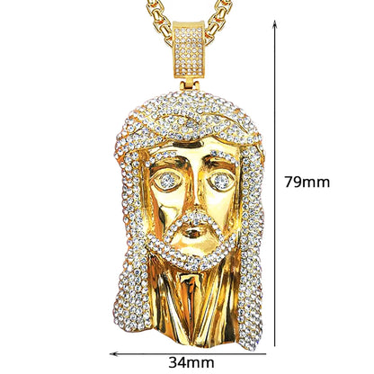 Men's Necklace Jesus Christ Head Pendant With Stainless Steel Chain and Iced Out Bling Rhinestone Necklace Hiphop Golden Jewelry