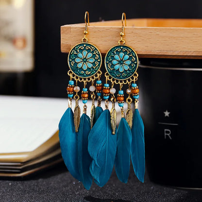 Boho Long Feather Dangle Women's Earrings Beach Long Tassel Beads Handmade Flower Enamel Earrings Bride Wedding Pendientes Mujer