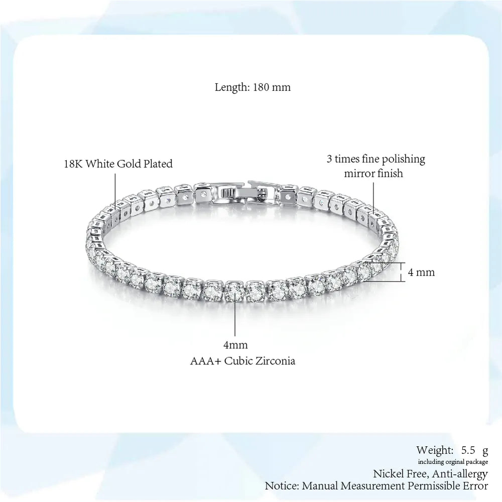 Women's Tennis Bracelet Hip Hop Trendy AAA+ Cubic Zirconia Silver Color Teen Girl Crystal Chain on The Hand Wedding Jewelry