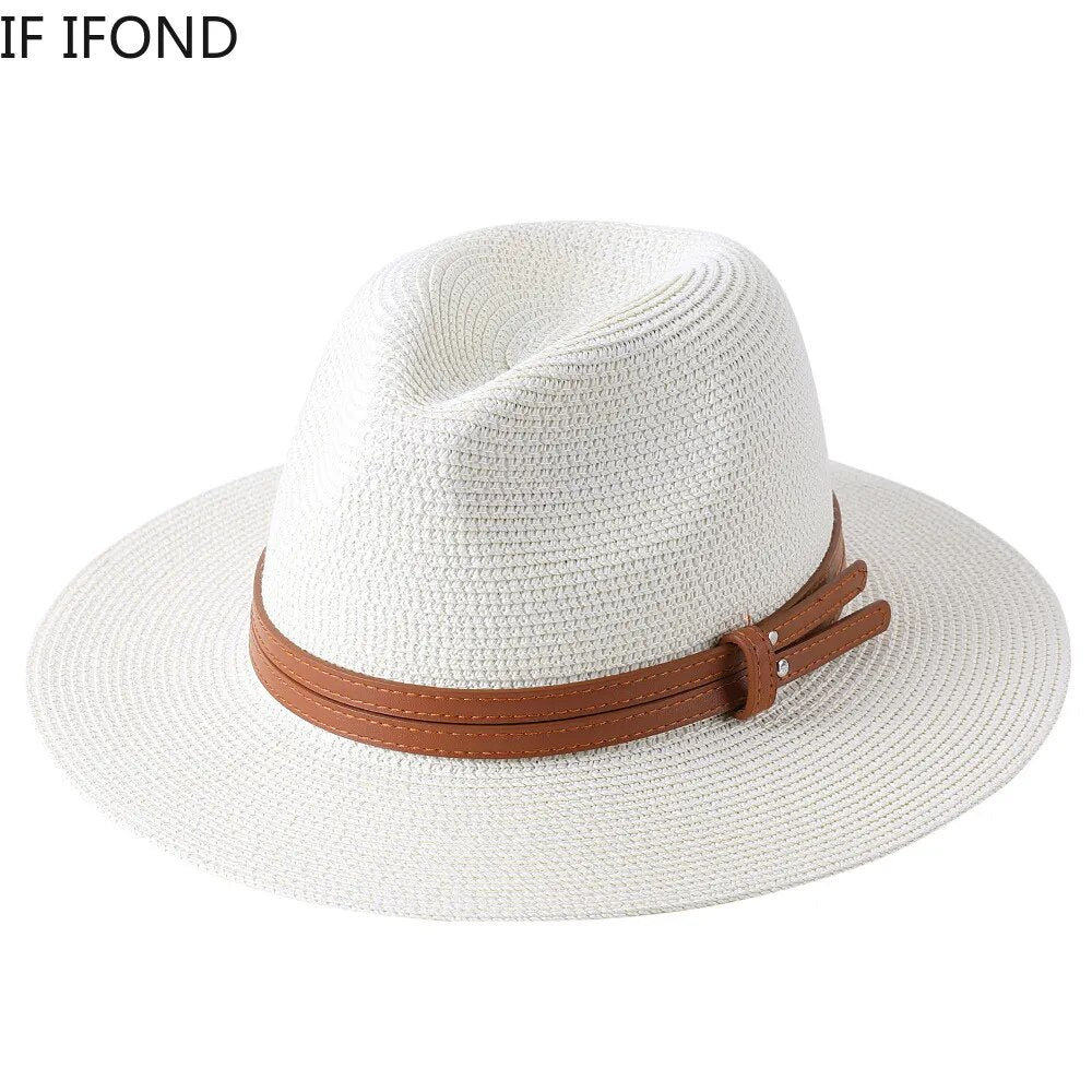 Chapeau de paille en forme souple Panama naturel, nouveau chapeau d'été pour femmes/hommes à large bord, casquette de soleil de plage, Protection UV, chapeau Fedora, 56-58-59-60CM